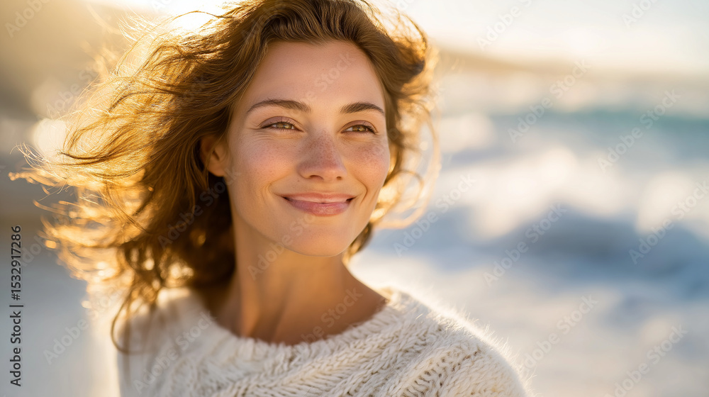 Joyful woman walking on a beach with sunlight and waves Joyful woman walking on a beach with sunlight and waves