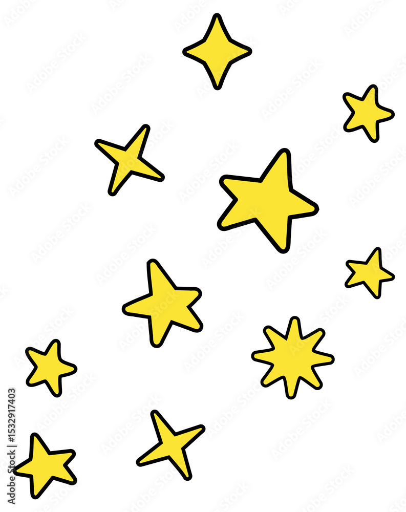 Fototapeta premium Cartoon-style flat yellow stars floating on transparent background with black outlines white glow