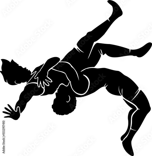 Silhouette flat art showing wrestlers doing suplex in singlets and boots on transparent background