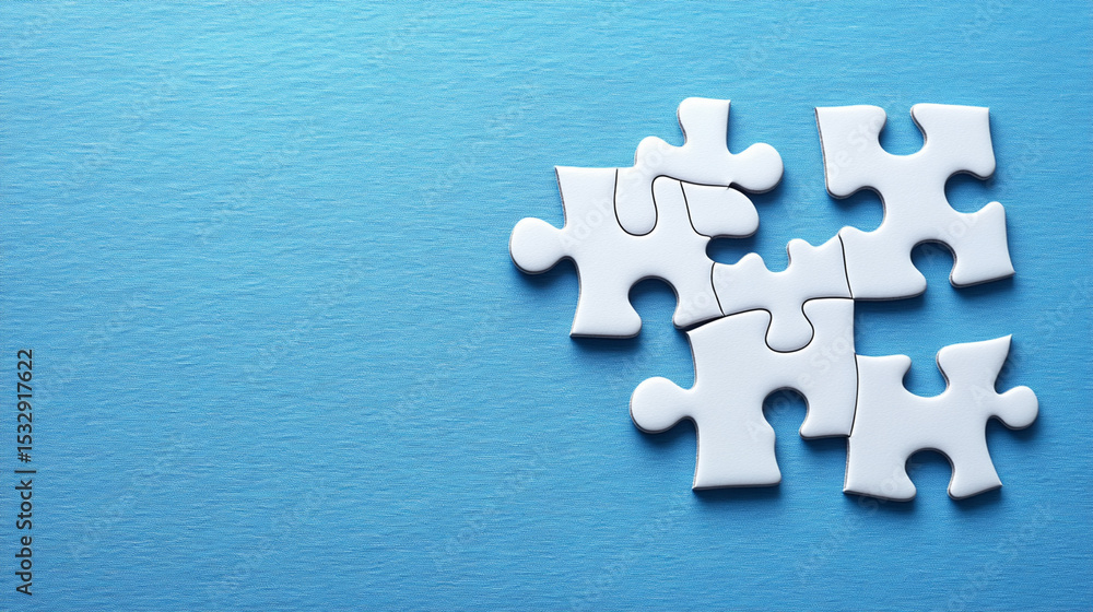 White puzzle pieces connecting on blue background, copy space White puzzle pieces connecting on blue background, copy space