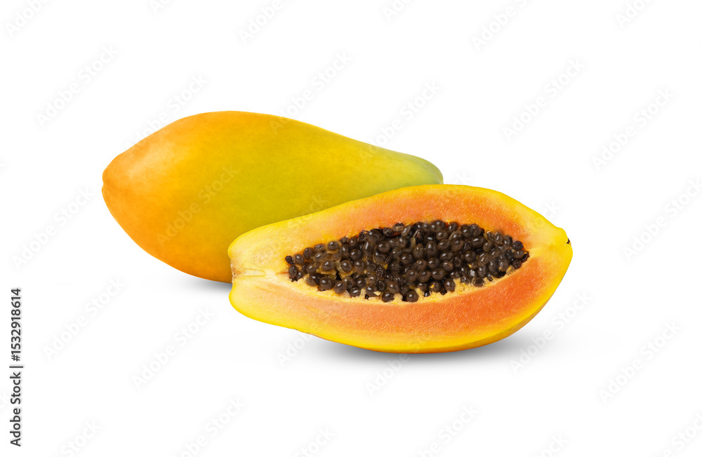 Whole yellow or orange papaya fruit with cut in half isolated. Whole yellow or orange papaya fruit with cut in half isolated.