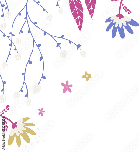 Fototapeta Naklejka Na Ścianę i Meble -  Floral flat design is decorating transparent background showing violet branches, daisy blooms