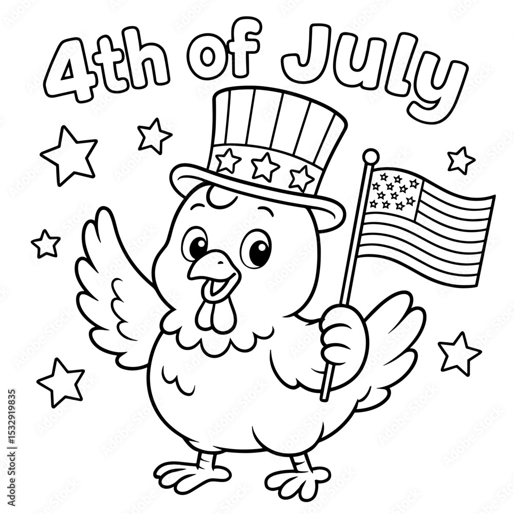 An adorable illustration of a cheerful chicken, donning a patriotic top hat and waving an American flag, celebrates the 4th of July with festive stars. Coloring Page An adorable illustration of a cheerful chicken, donning a patriotic top hat and waving an American flag, celebrates the 4th of July with festive stars. Coloring Page