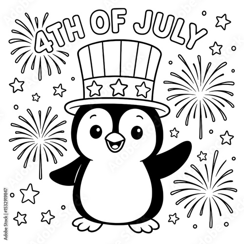 A cheerful penguin decked out in a festive hat and surrounded by dazzling fireworks and patriotic stars, celebrating the 4th of July. Coloring Page