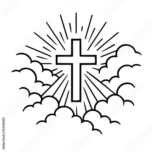 Radiant cross with divine light – Christian symbol in minimalist black and white line art