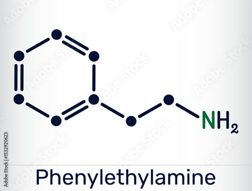 Phenylethylamine, PEA molecule. Neuromodulator and stimulant compound found in chocolate
