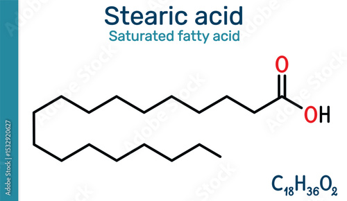 Stearic acid molecule. Saturated fatty acid found in food and cosmetics