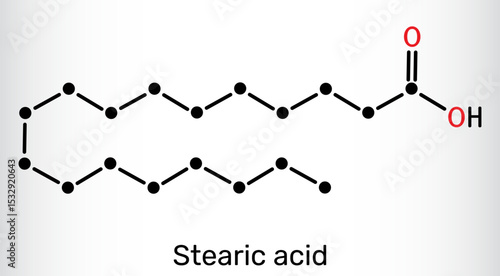 Stearic acid molecule. Saturated fatty acid found in food and cosmetics. Vector illustration