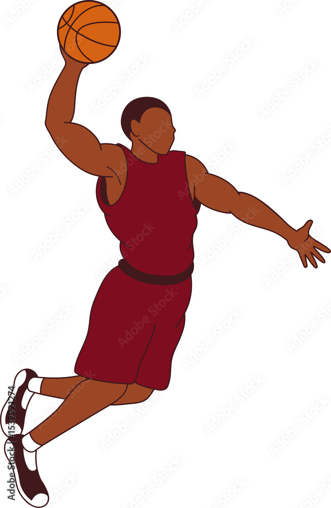 Fototapeta premium Basketball player is dunking in vector art in maroon kit, with orange ball, transparent background