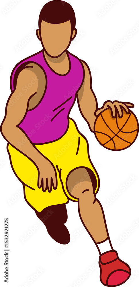Fototapeta premium Male basketball player is dribbling orange basketball in cartoon design, transparent background