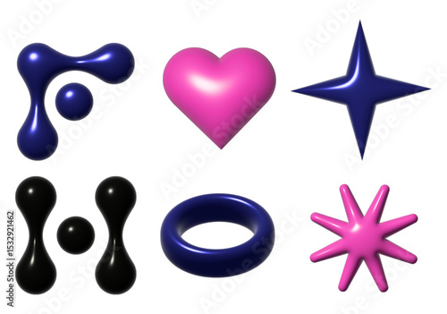 Colorful 3D shapes. ?bstract gradient lines, spark and star shape, geometric heart, moon, lightning bolt and arrow. Isolated spring spiral, ring, circle plate and sphere renders.