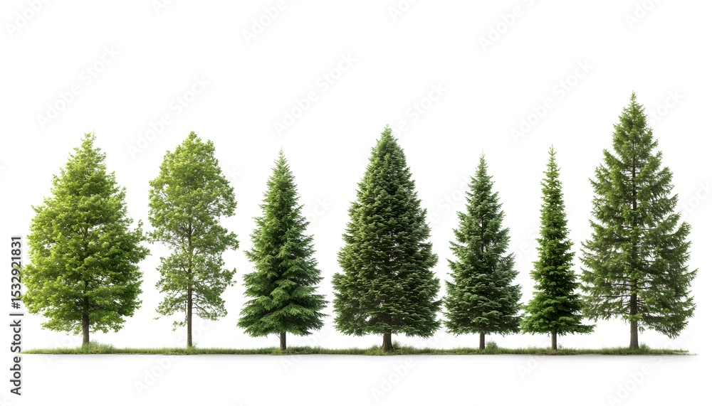 Fototapeta premium Row of various evergreen trees against a white background.