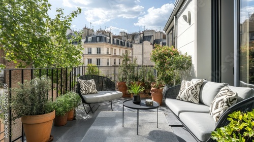 Cozy balcony view of Paris with modern furniture, greenery, and city skyline under bright blue sky