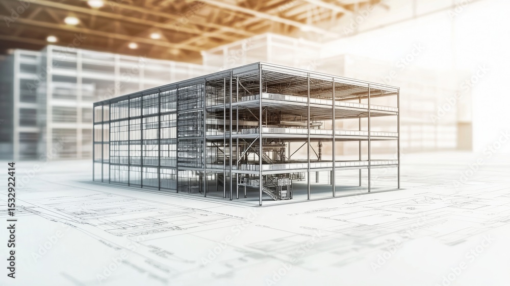 Fototapeta Modern steel structure model on architectural plans in a bright industrial workspace