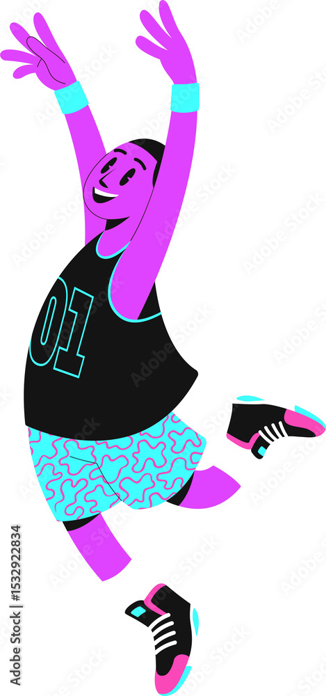 Fototapeta premium Basketball player is soaring in flat design with jersey 01 and wristbands on transparent background