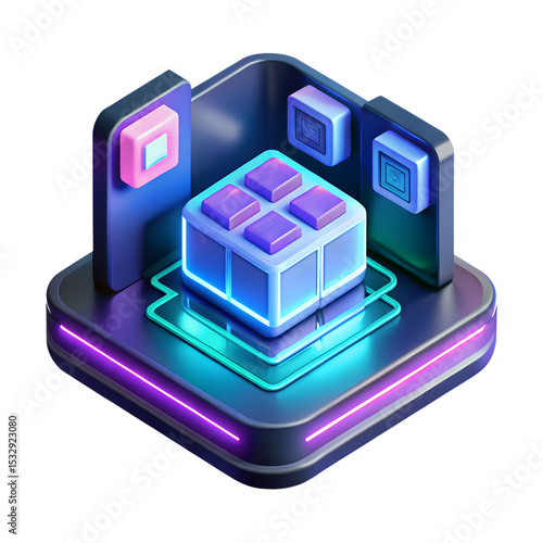 A vector illustration of a photo camera icon on a white background with an isometric 3D house and building design collection symbol