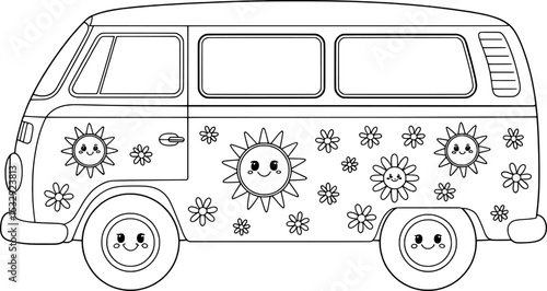 Black and White Line Drawing Cute V W Camper Van Sun Flowers