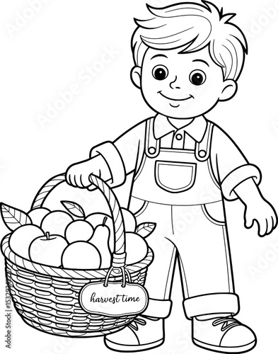 Boy in Overalls Holding Basket of Apples Pears Harvest Time