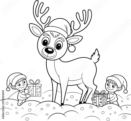 Christmas Reindeer with Elves and Gifts Coloring Page Black and White Line Art