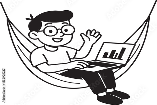 Man Relaxing In Hammock With Laptop Showing Business Graph