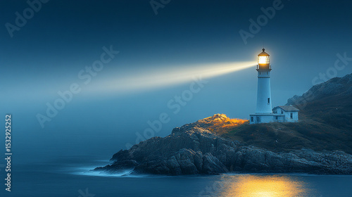 Lighthouse beam guiding ships at night on rocky coast