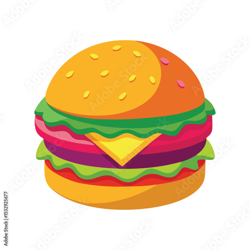 Vibrant Digital Painting of a Cheese Burger with Yellow Cheese Green Lettuce and Red Tomato