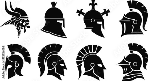 Medieval helmets, Ancient Warrior Helmet Vector Set,  Spartan, Viking, Gladiator Silhouettes,  isolated on illustration