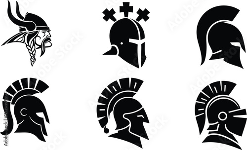 Medieval helmets, Ancient Warrior Helmet Vector Set,  Spartan, Viking, Gladiator Silhouettes,  isolated on illustration