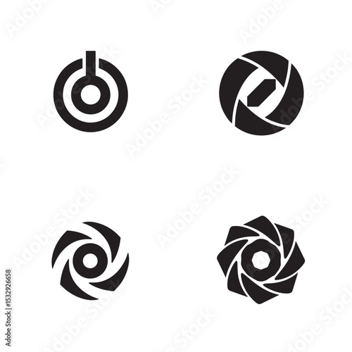 Set of graphic power icons and camera lens aperture silhouettes in minimalist design