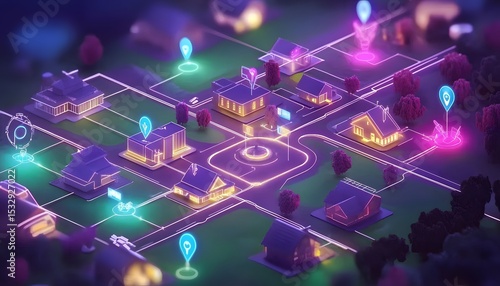 A vibrant digital representation of a neighborhood interconnected by a network.