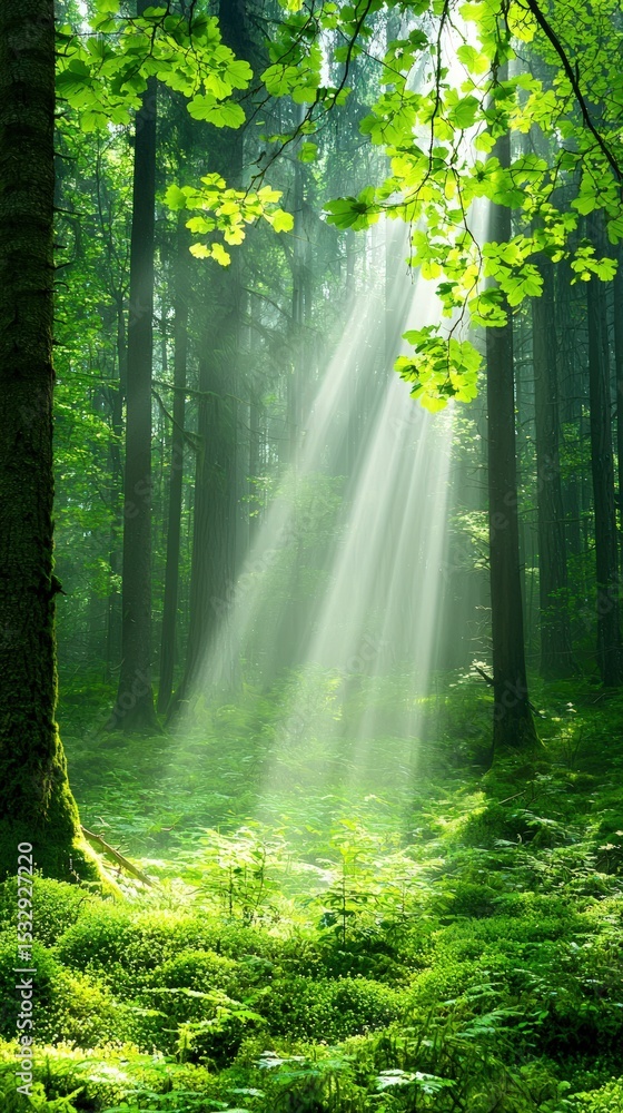 Obraz premium Lush Green Forest Landscape with Sunlight Streaming Through Pine Trees