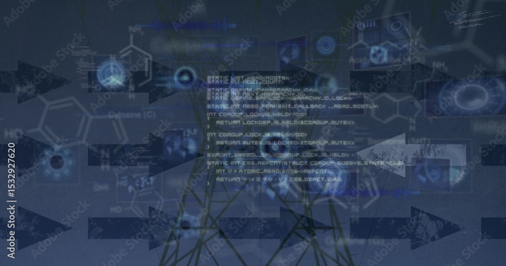 Fototapeta premium Featuring code snippet overlaying chemical formulas and network lines with arrows in tech graphic