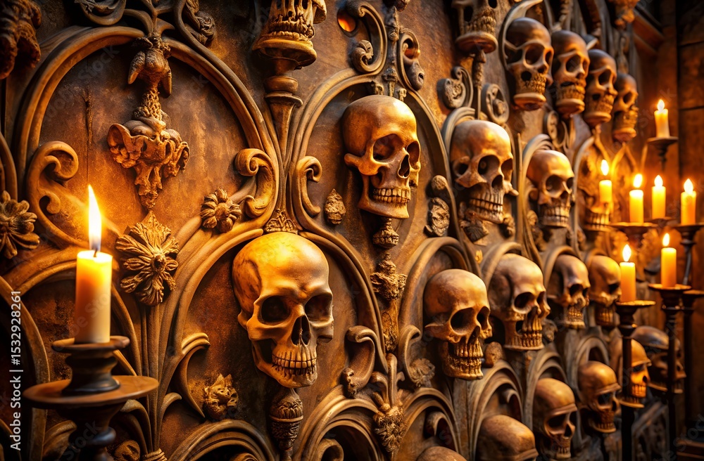 Fototapeta premium Gothic Wall Texture with Skull Carvings and Candle