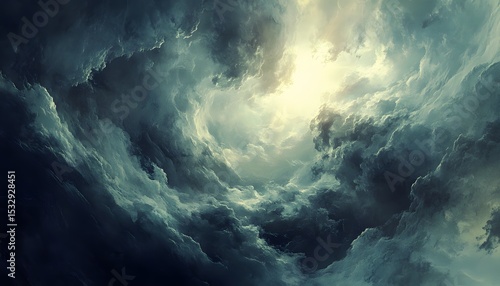 A dramatic view of swirling, dark clouds, illuminated by a celestial light source.