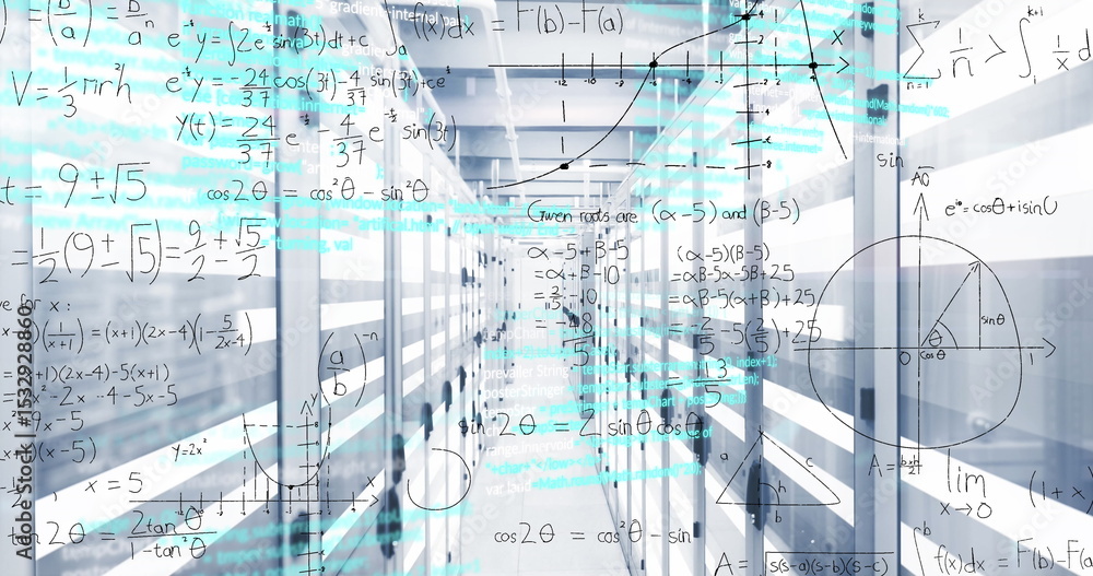 Obraz premium Server rack corridor glowing in data center, displaying network switches, equations and graphs