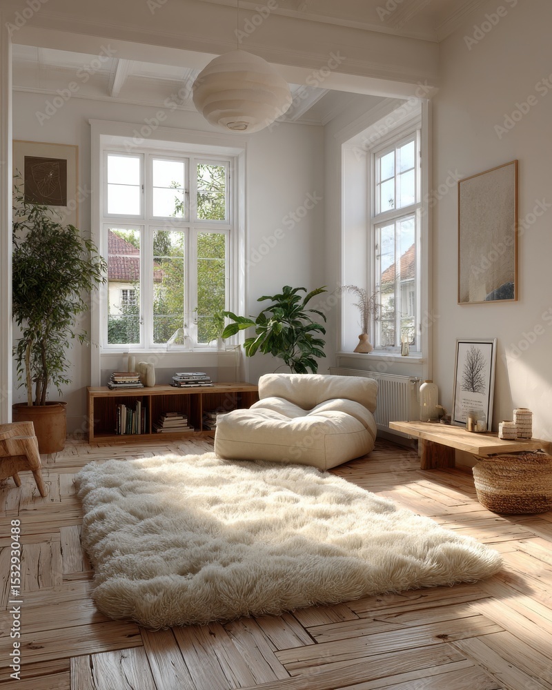 Bright Minimalist Living Room Interior with Shaggy Rug and Natural Light Bright Minimalist Living Room Interior with Shaggy Rug and Natural Light