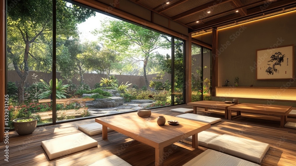 Fototapeta premium Serene Japanese Interior with Natural Light and Tranquil Garden Views in a Minimalist Setting