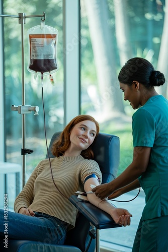 Woman receiving blood transfusion while smiling at nurse in clinic  