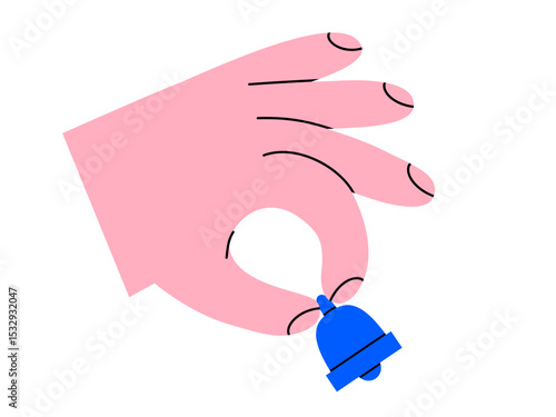 Hand drawn cute cartoon illustration of hand holding notification bell. Flat vector attention message doodle. Online reminder concept. Social media icon. Attention signal. New message. Isolated.