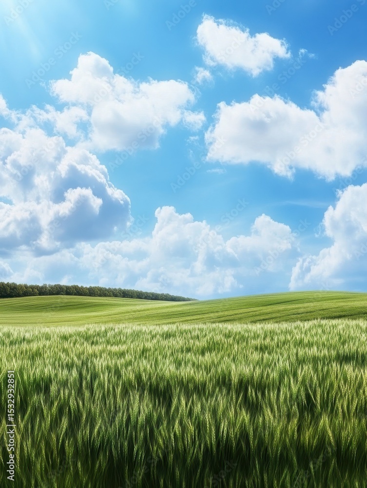 Fototapeta premium Beautiful Panorama of Rolling Green Fields. Spring or Summertime Background with White Fluffy Clouds and Natural Landscape.