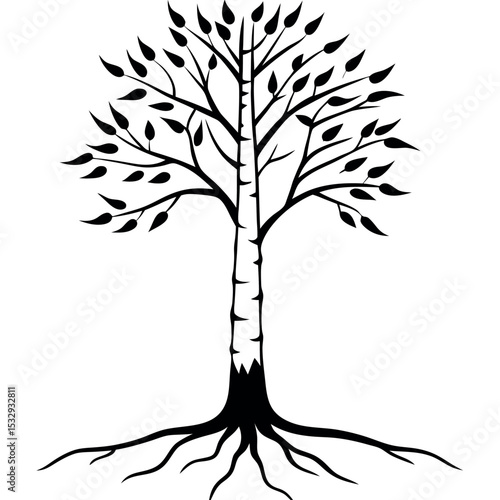 Black Birch Tree Silhouette with Exposed Roots black and white