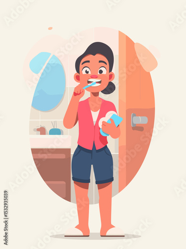 Daily Oral Ritual: A digital rendering of a young person stands in a bathroom, meticulously brushing their teeth, emphasizing a commitment to health and self-care.