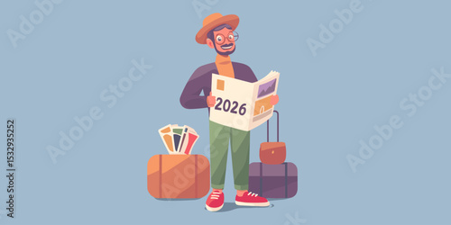 Traveler in 2026: A digitally illustrated image of a traveler in 2026, maps and luggage set against a gradient backdrop, highlighting themes of exploration, planning, and looking towards the future.