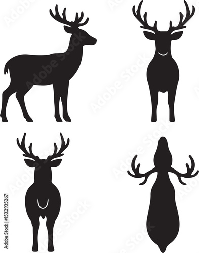 deer silhouette icons set side, front, back, and top views vector art illustration