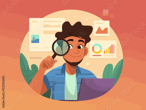 Data Analysis in Digital Workspace: A focused individual peers through a magnifying glass, delving into data analysis within a modern digital workspace.