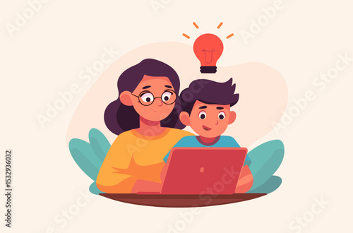 Digital Learning Duo: A heartwarming illustration capturing a mother and son sharing a moment of learning with a laptop, where a lightbulb symbolizes the sparking of ideas and imagination.