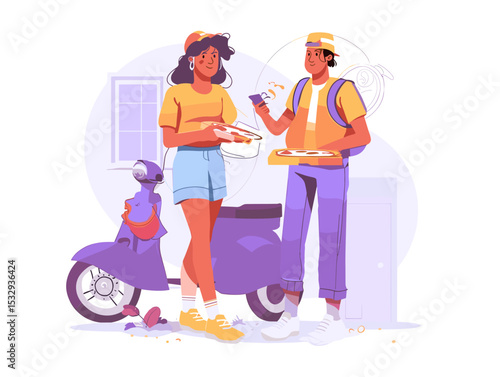 Pizza Delivery: A vibrant scene showcases a delivery person handing over a freshly delivered pizza to the customer. With a scooter in the background.