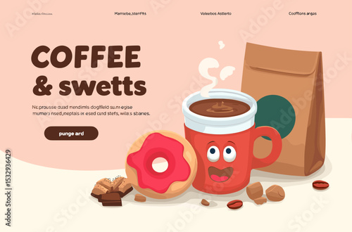 Sweet and Caffeine Delight: A cozy composition features a freshly brewed cup of coffee exuding warmth, paired with an assortment of delicious sweets in this visual narrative of comfort and enjoyment.