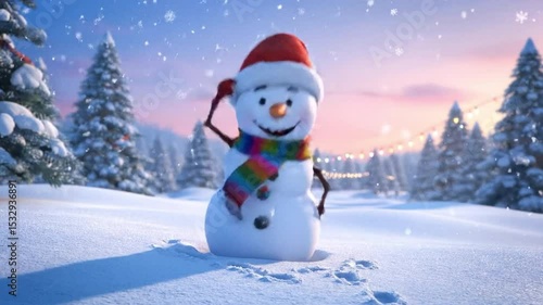 Happy Christmas snowman dancing with Santa hat with snowfall and Christmas lights and trees.