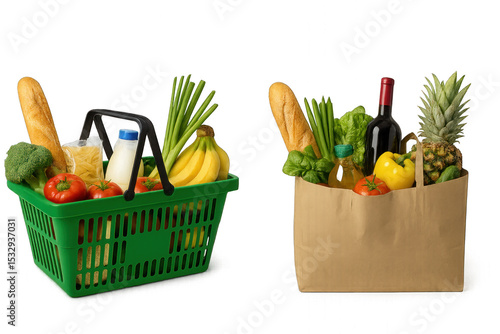 A green shopping basket filled with groceries isolated on a transparent background.